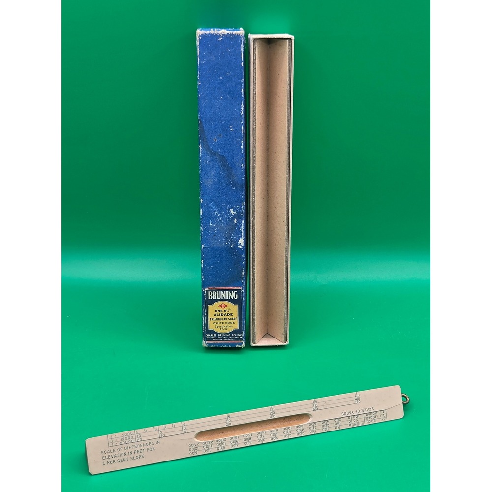 Vintage Bruning 8.5" Alidade Triangular Scale 42-32 U.S.M.C. Drafting Tool Boxed